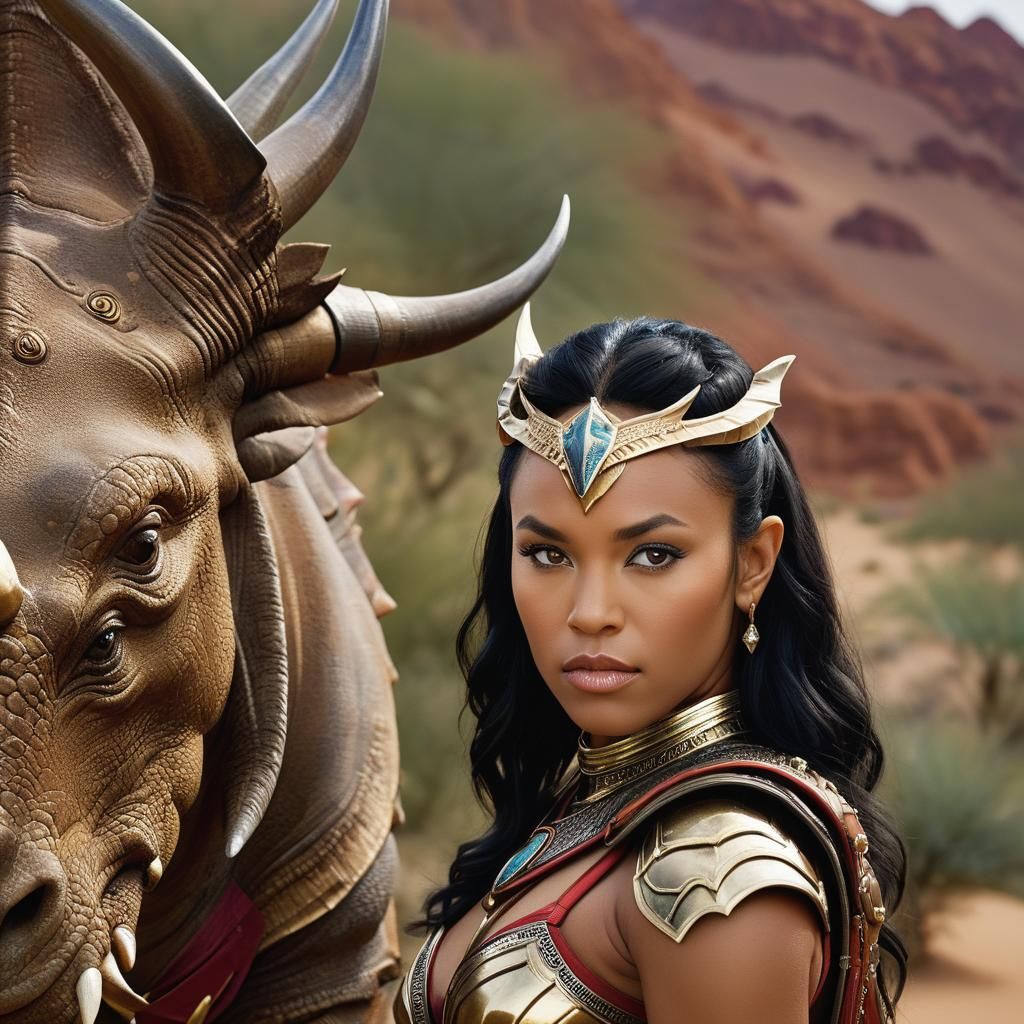 Blasian Woman in Triceratops Armor at Desert Oasis