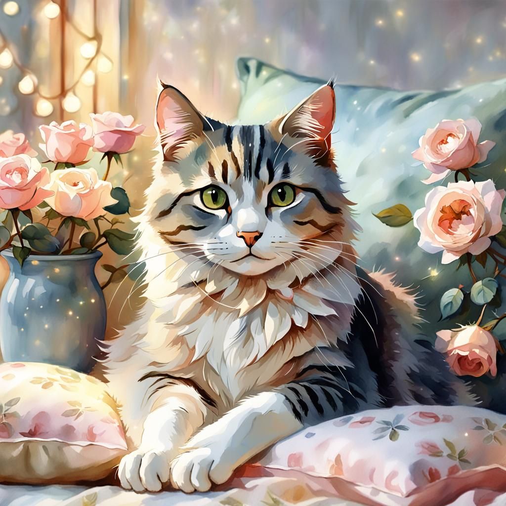 Whimsical Watercolor Cat Surrounded by Roses