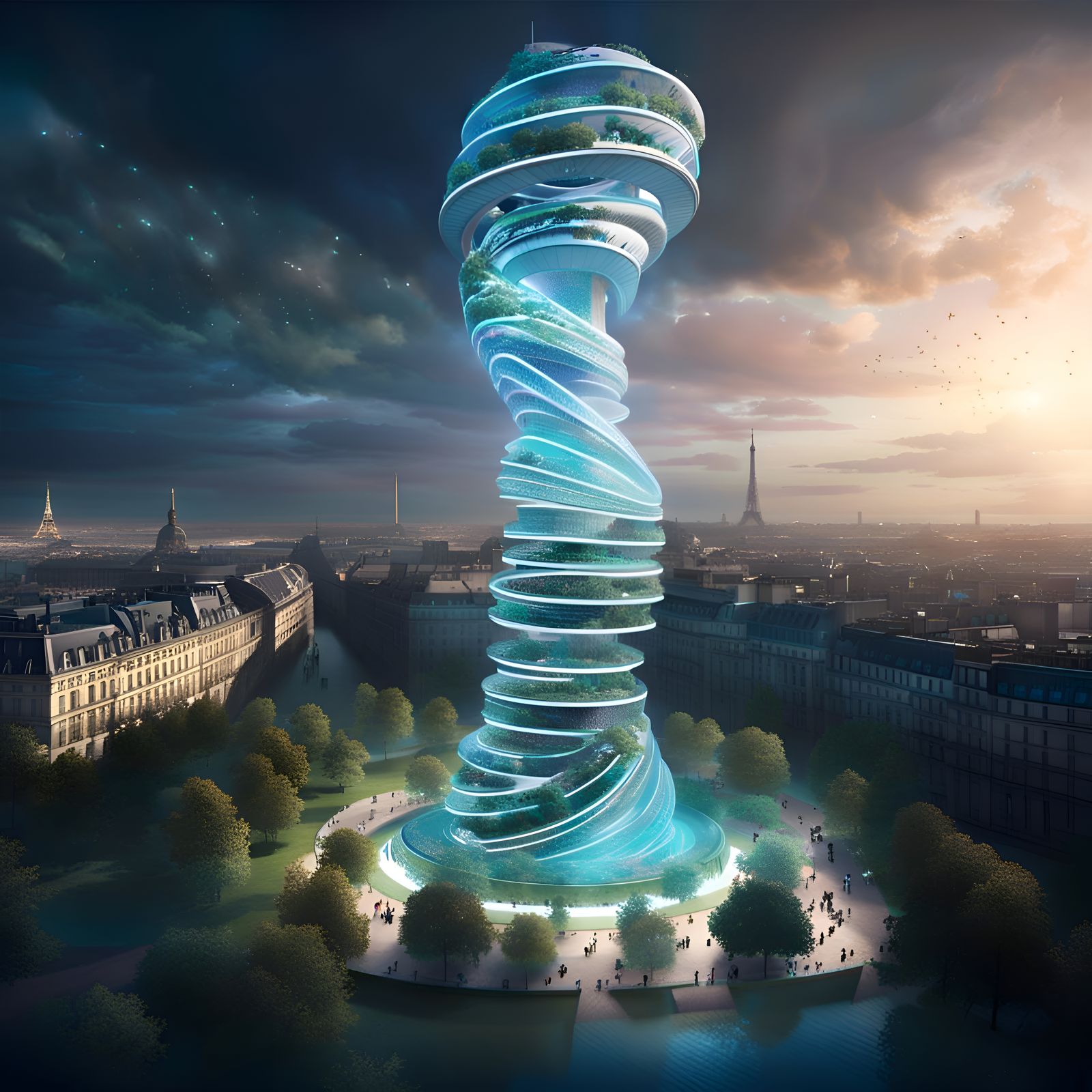 Luminescent Symbio-Tower Over Paris, 3D Game Cinematic