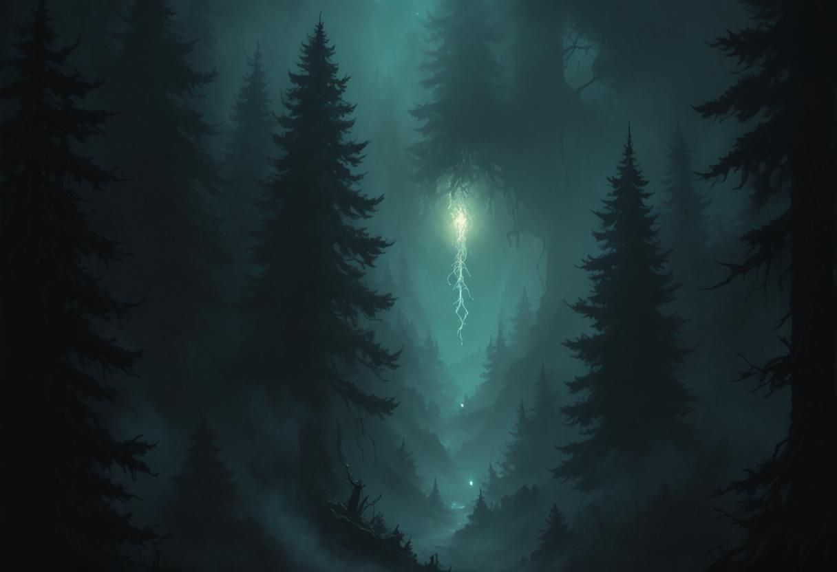 Will-o-Wisp Over Dark Evergreen Forest in Dore Style