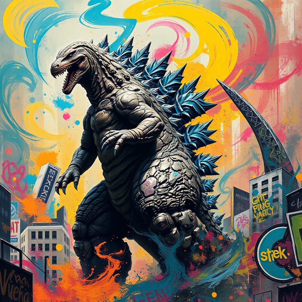 Godzilla in Graffiti Cityscape: Digital Art Masterpiece