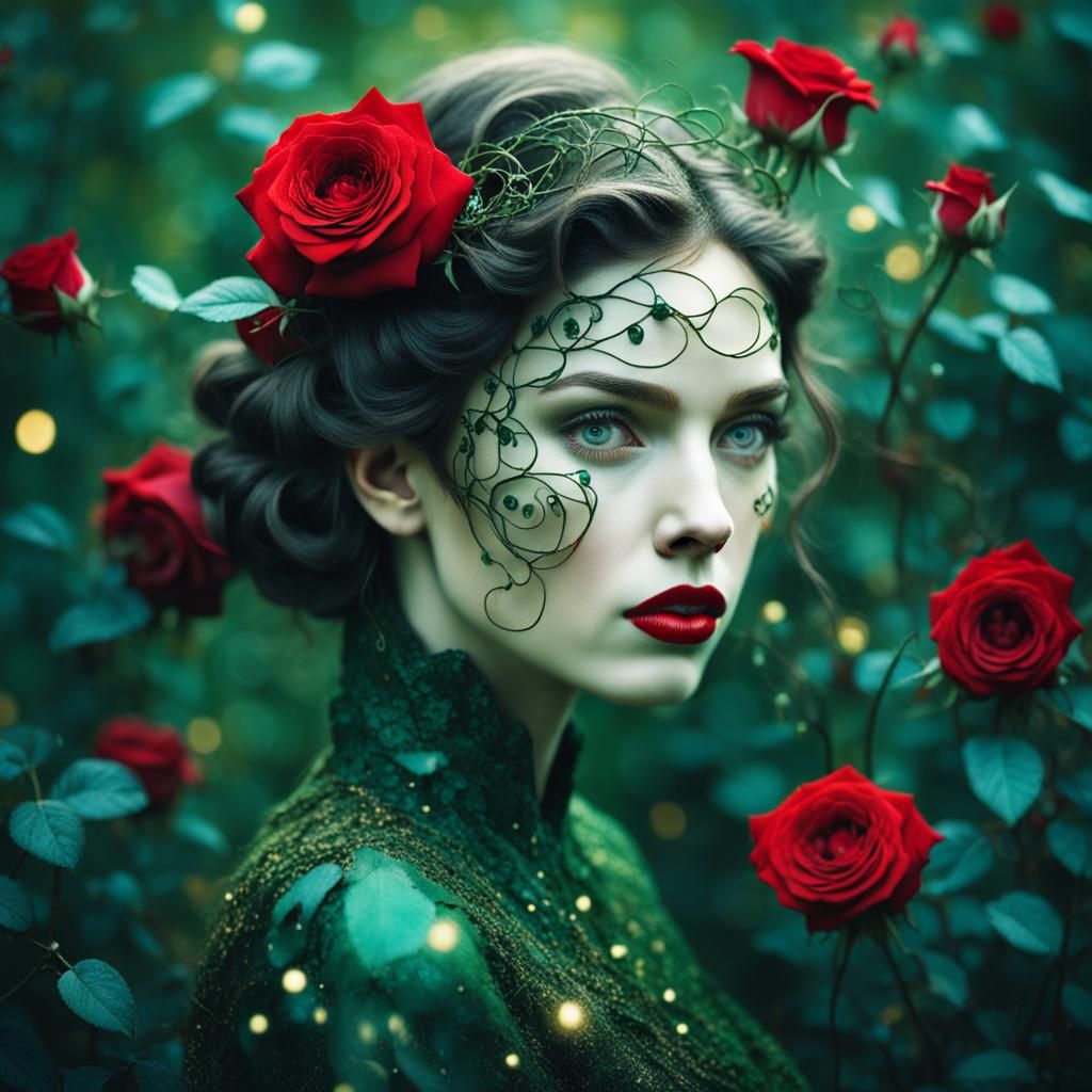 Magic Villainess in a Rosy, Ethereal Double Exposure