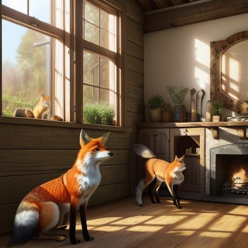 Foxes Playing in Rustic Homes: Realistic Digital Art