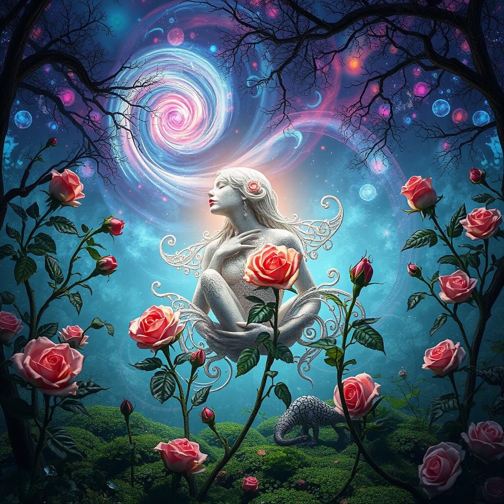 Ethereal Silver Being with Roses in Bio-Art Style