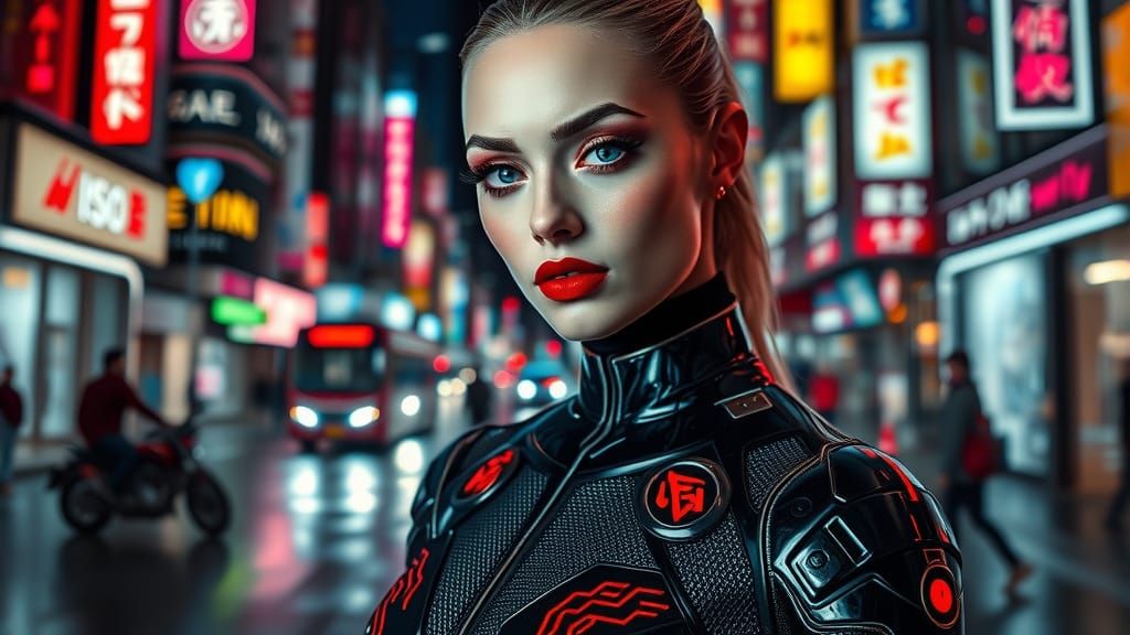 Futuristic Fashion Model in Cyberpunk City, Photorealistic P...
