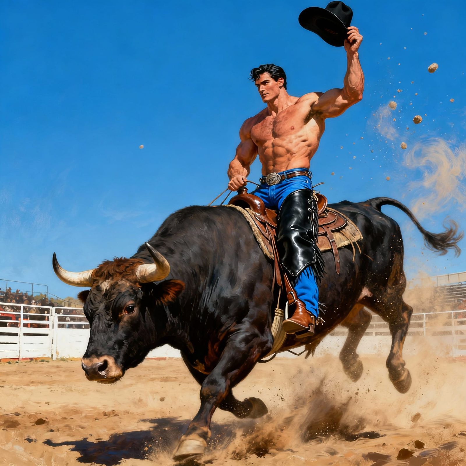Muscular Clark Kent Rides Bucking Bull in Rodeo