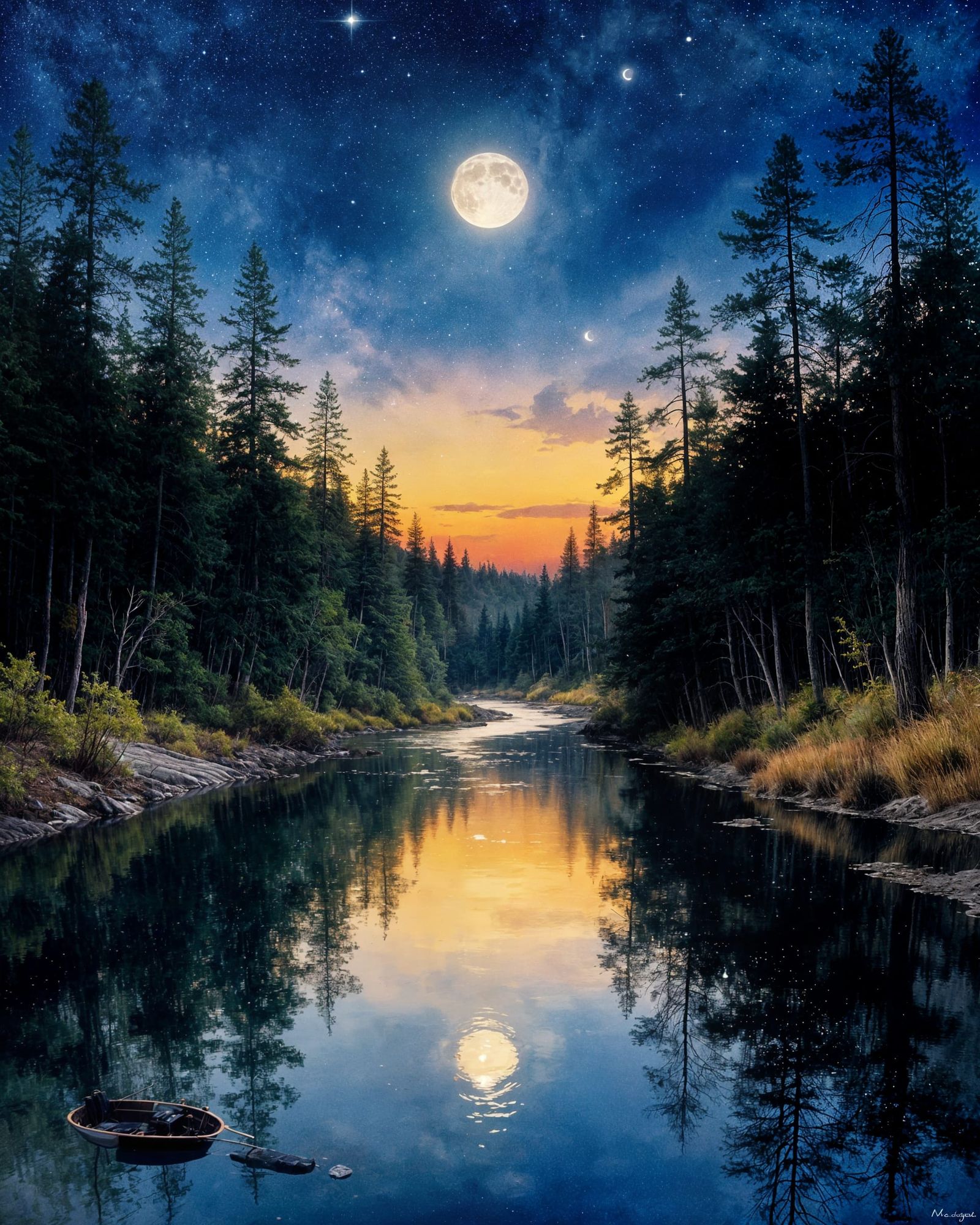Twilight River Landscape Watercolor Painting