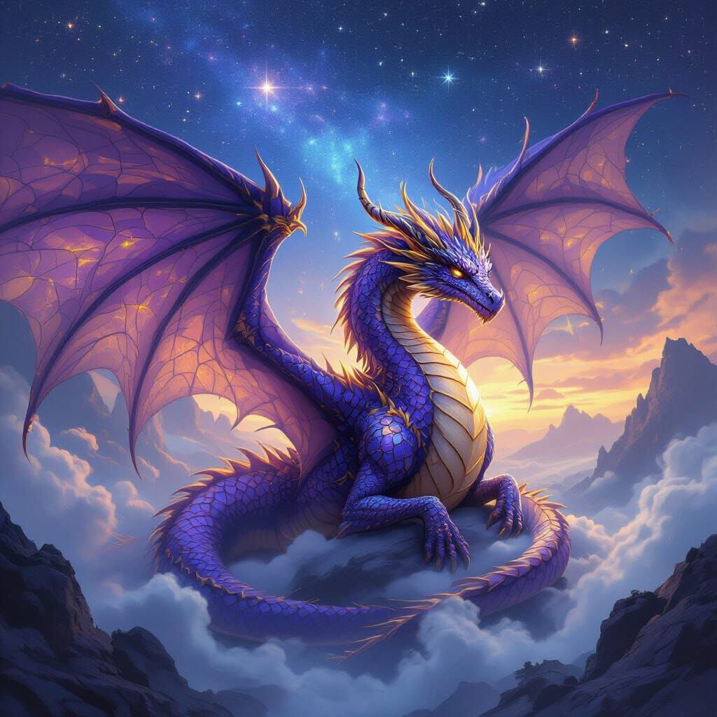 Majestic Dragon Resting Under Starry Sky