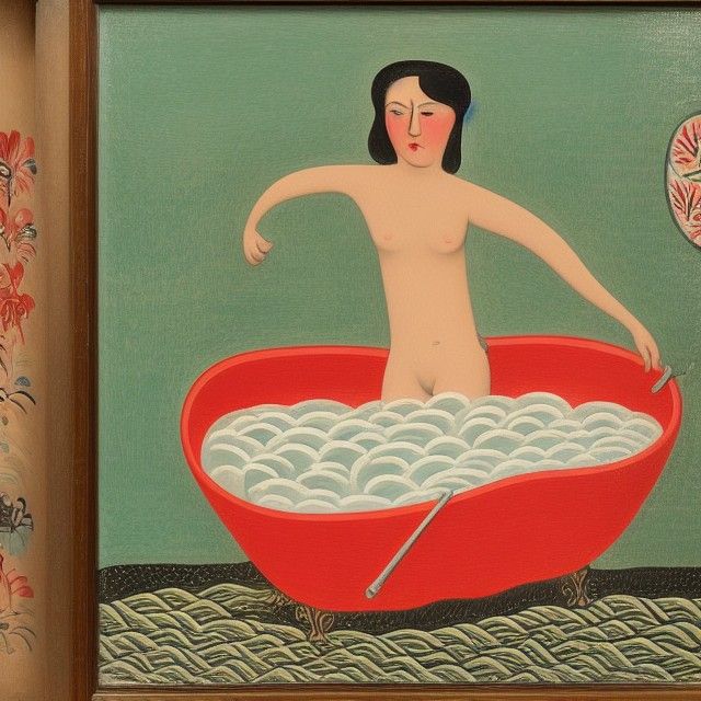 Girl Bathing: Naive Art Illustration