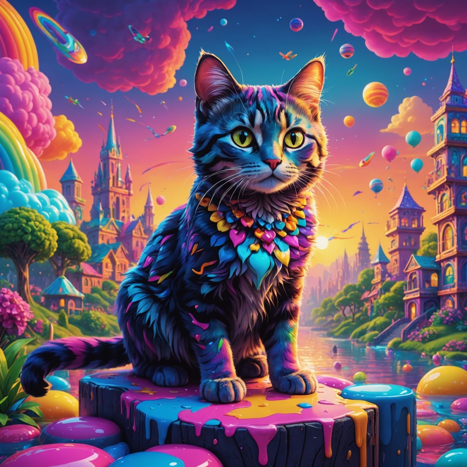 Cat in a Fantastical Lisa Frank World