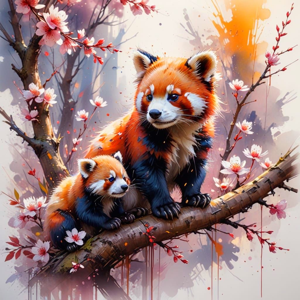 Red Pandas in Cherry Blossom Tree: Neo-Impressionism