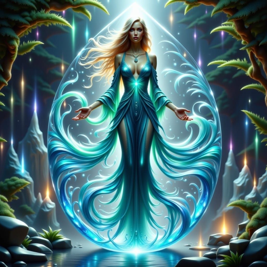 Ethereal Water Elemental in a Shimmering Waterdrop Realm