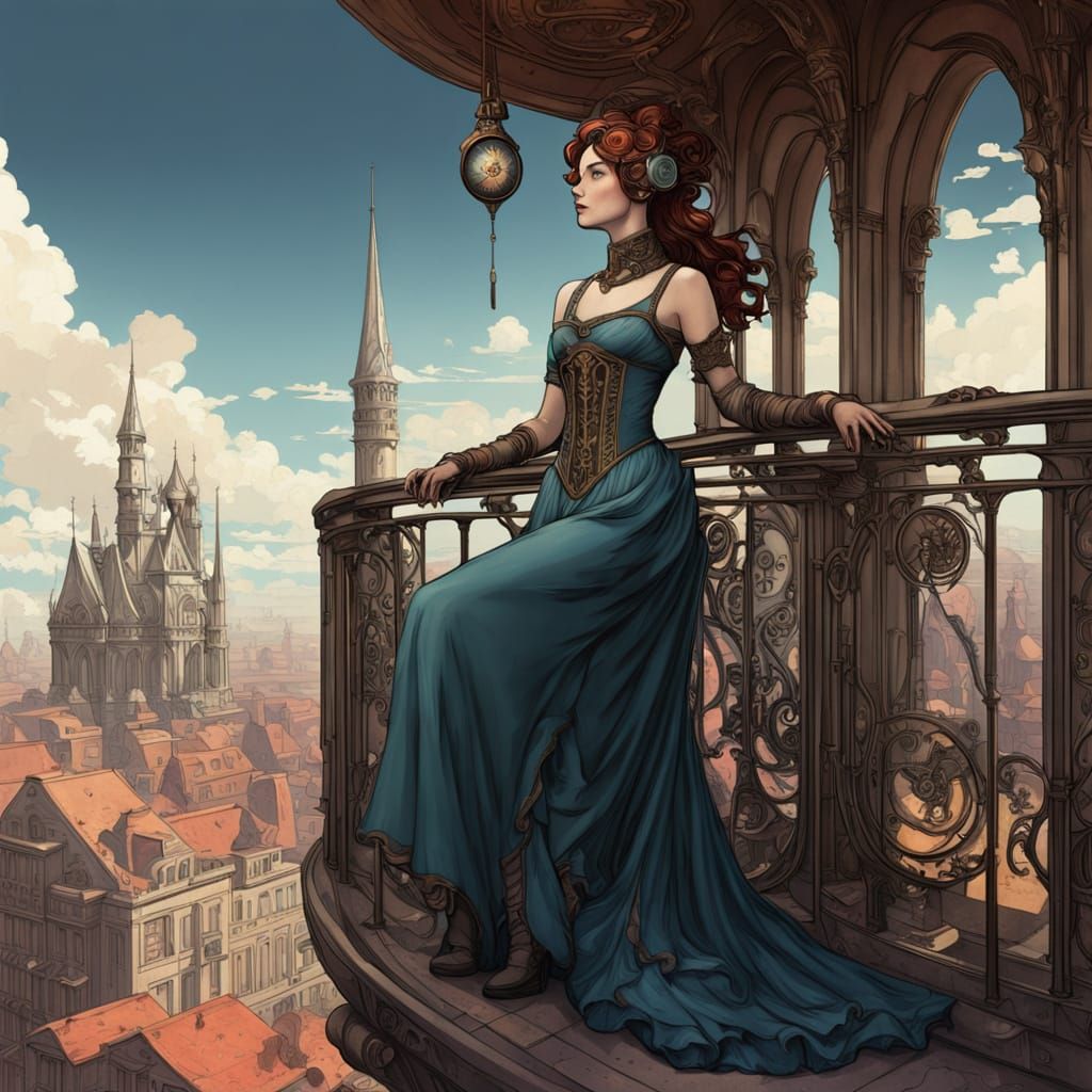 Art Nouveau Woman Gazing at Steampunk Cityscape