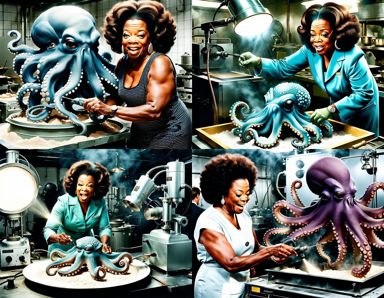 Oprah Sandblasting Mutant Octopus: Surreal Image