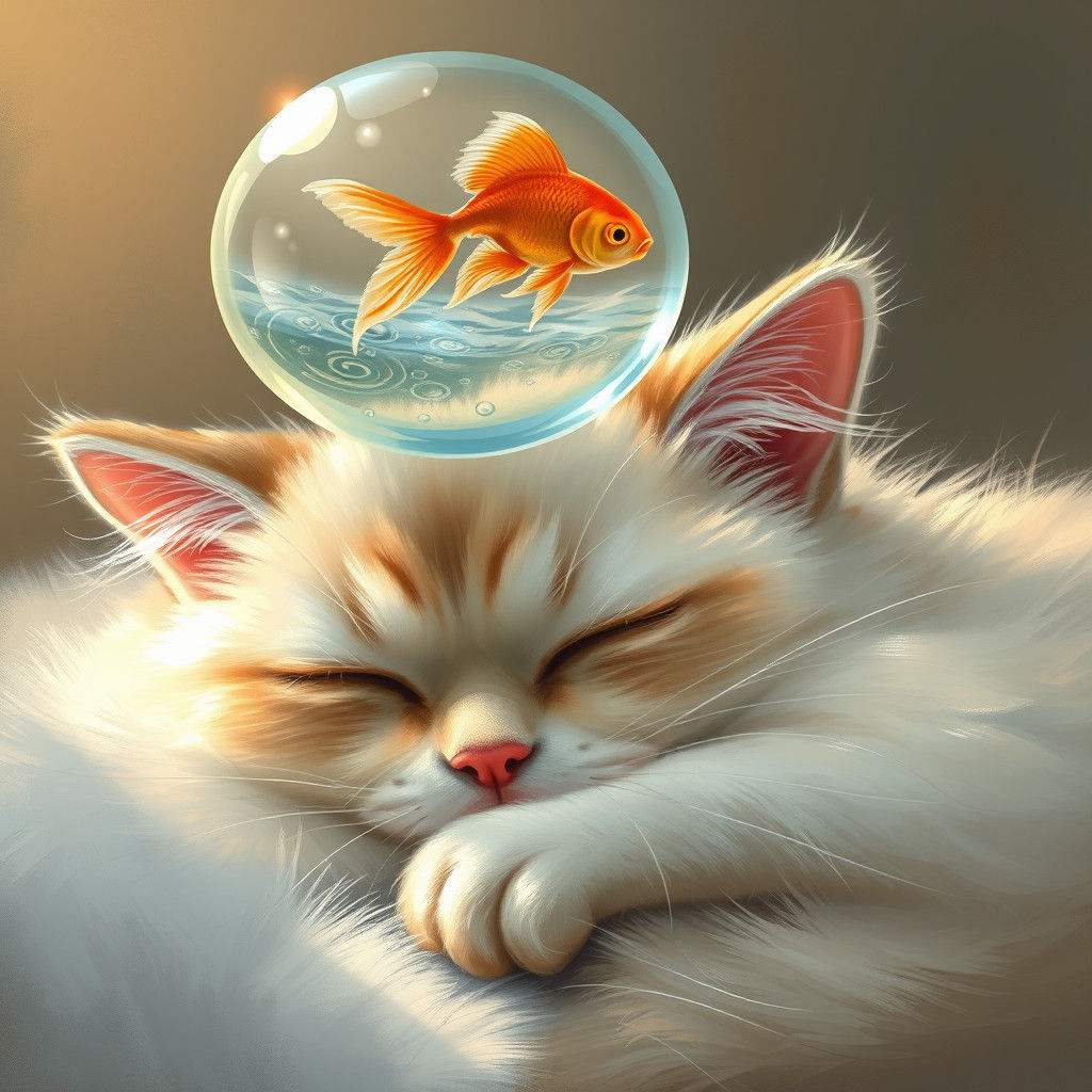 Dreaming Persian Cat with Goldfish, Impressionist Style