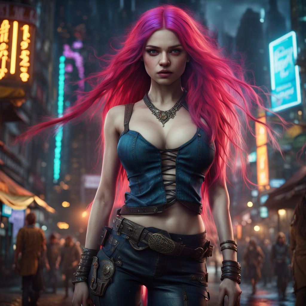 Woman with Neon Hair in City, Fantasy Art