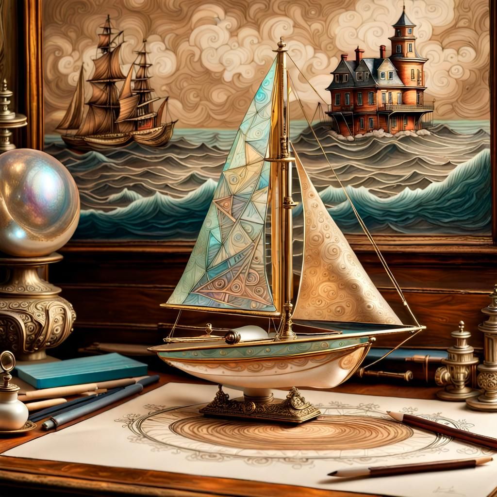 Magical Pearlescent Sailboat Sketch in Victorian House
