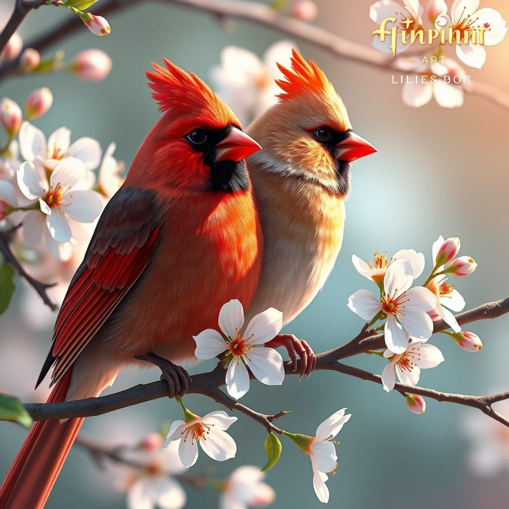 Male and Female Cardinals on Apple Blossom Branch