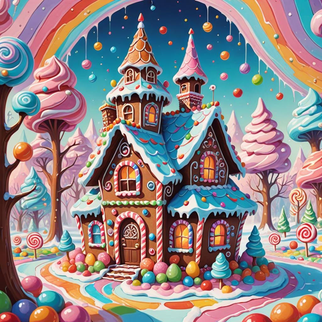 Whimsical Gingerbread House in Candyland, Gouache Painting