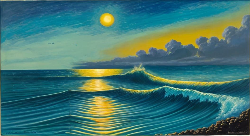 Magritte-Style Sunset Seascape with Distant Ships