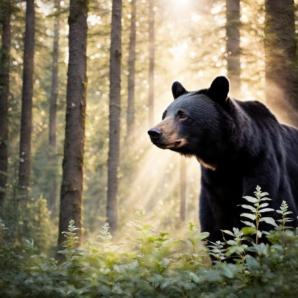 A black bear foraging for berries in the forest