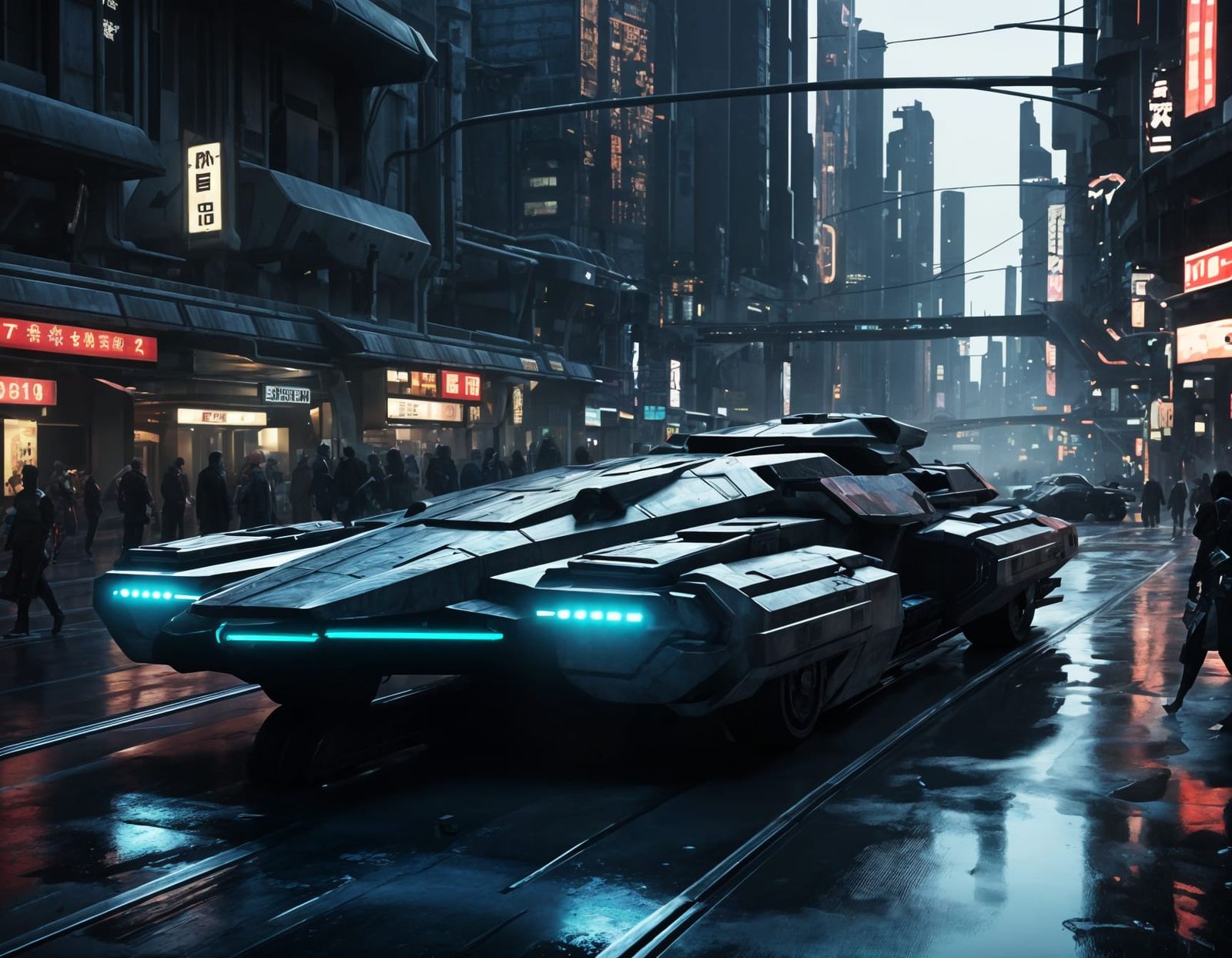 Futuristic Cyberpunk Vehicle in Dystopian City at Night