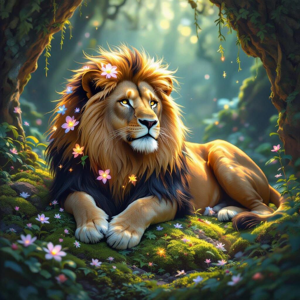 Bioluminescent Lion in Hidden Grotto, Digital Painting