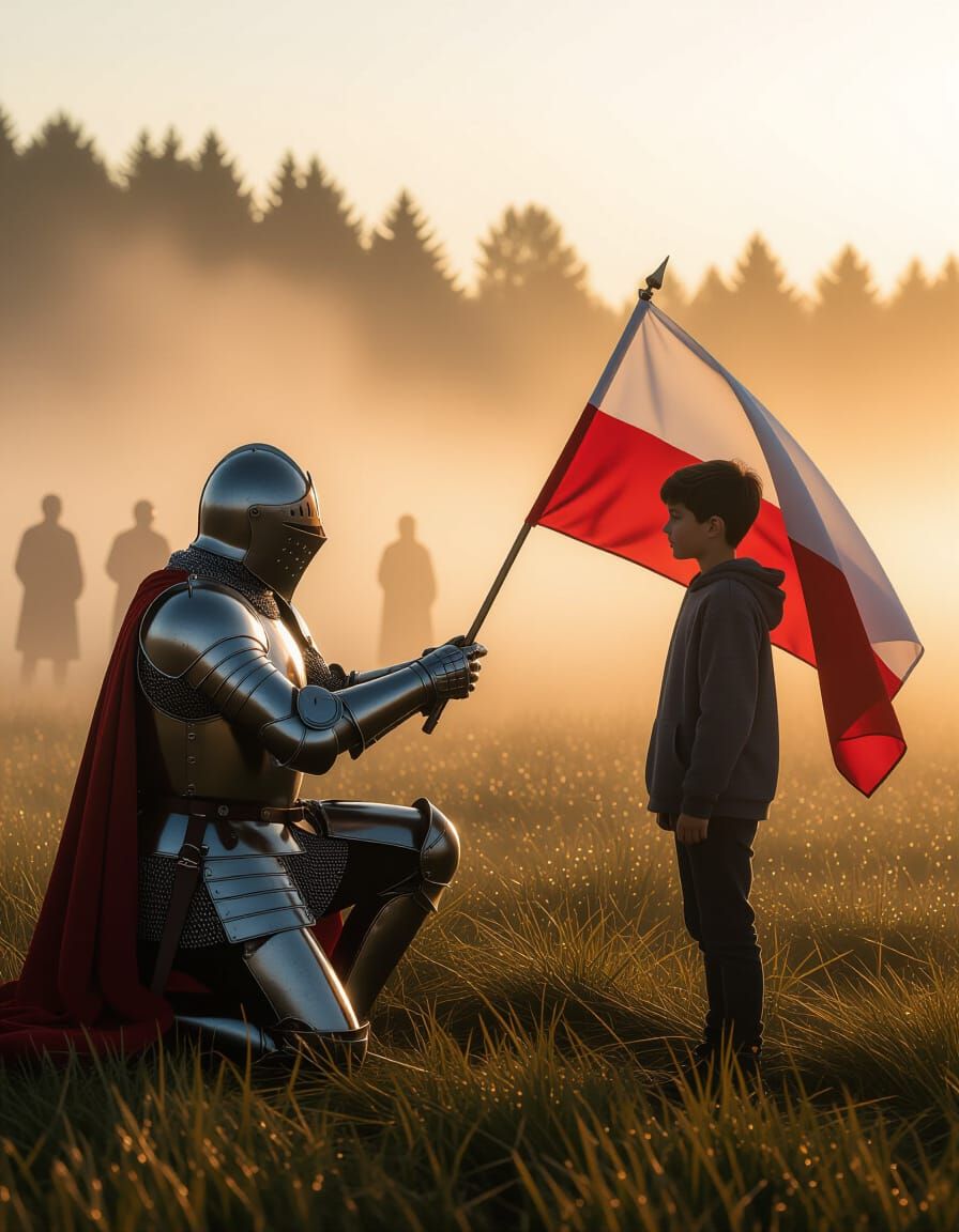 Polish Knight Offers Flag to Teenager at Dawn