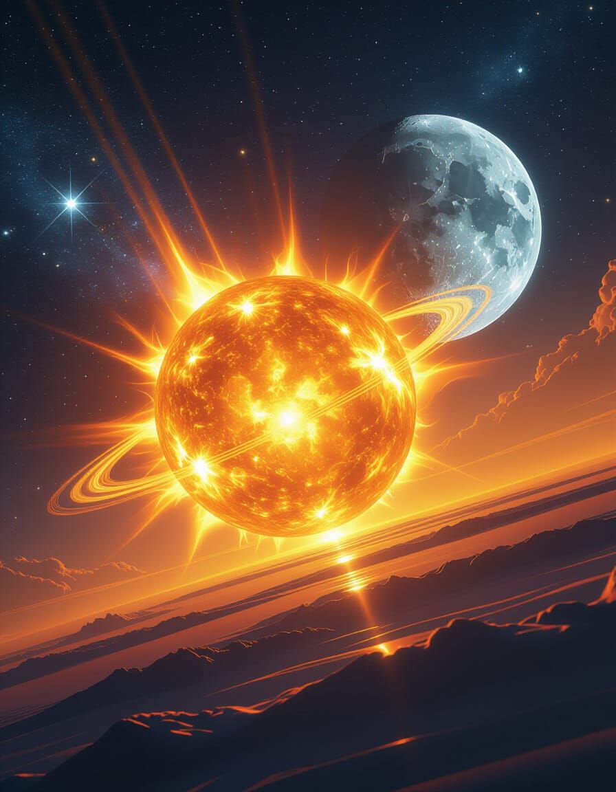 Cosmic Duality: Sun and Moon in Fiery Gold and Cool Blue