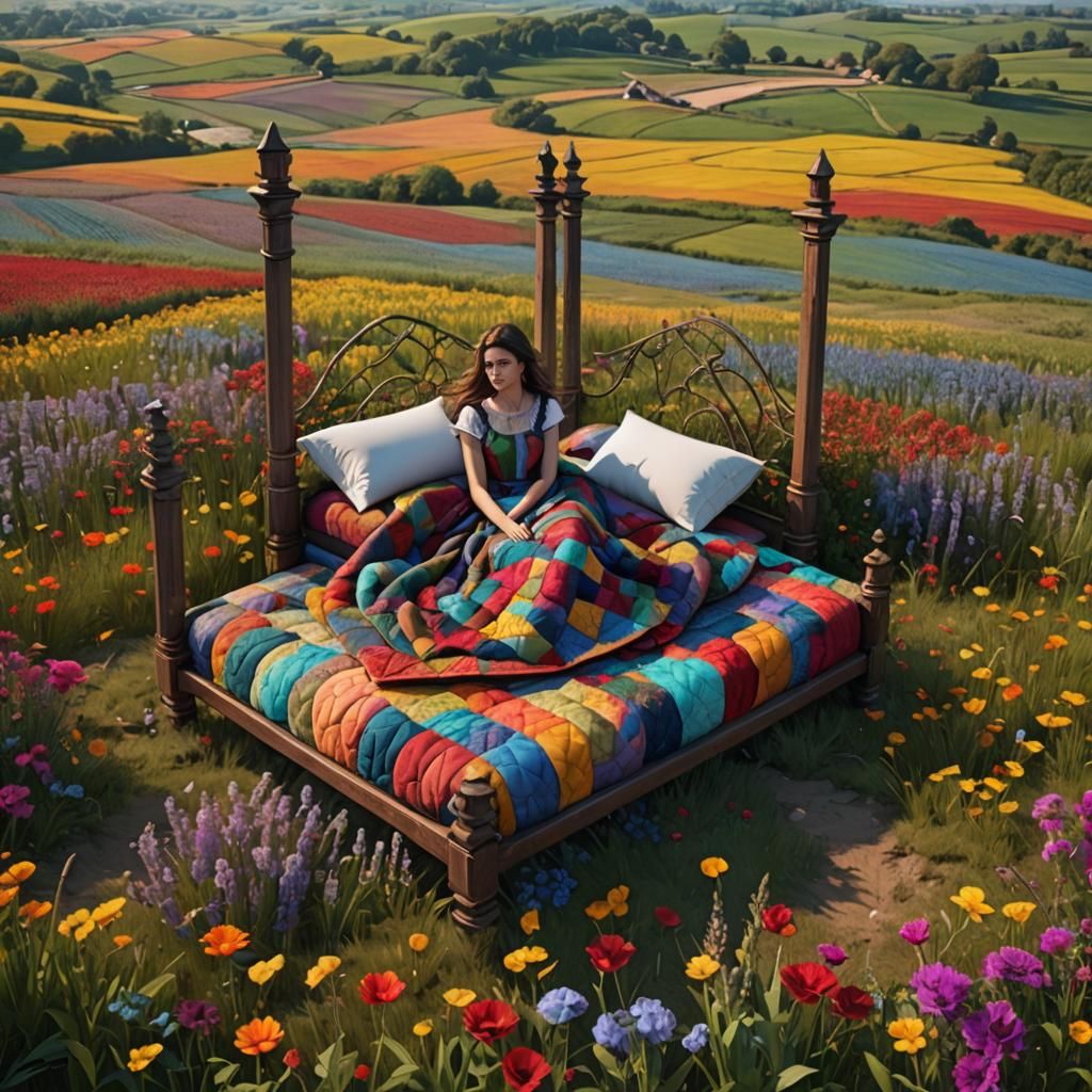 Colorful Quilted Bed in a Patchwork Field