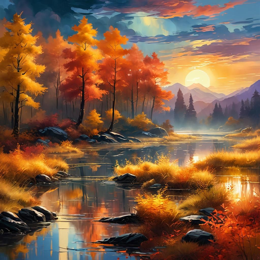 Autumn Forest Reflected: A Digital Oil Painting