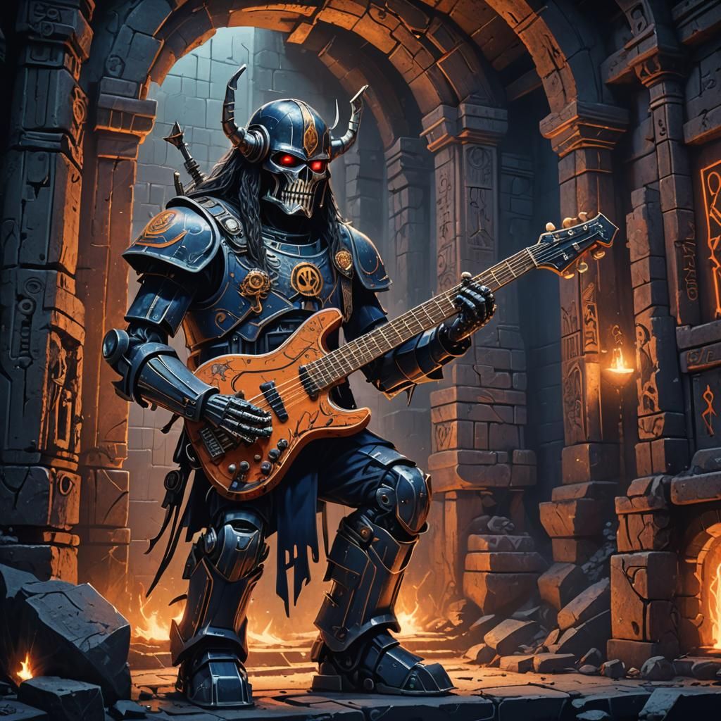 Robot Lemmy Kilmister Plays Bass in Dark Fantasy Ruins
