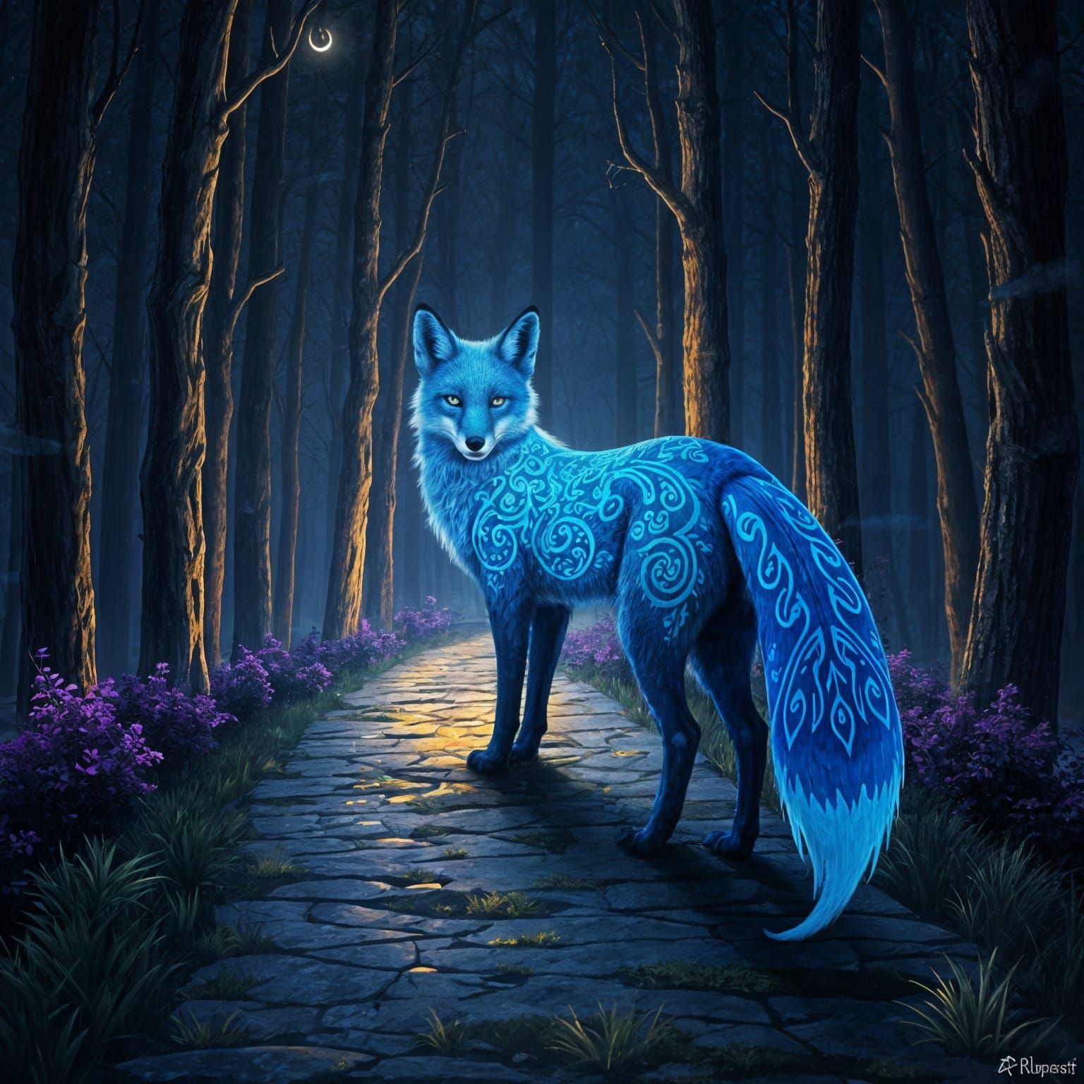 Blue Spectral Fox Leading to Dark Forest