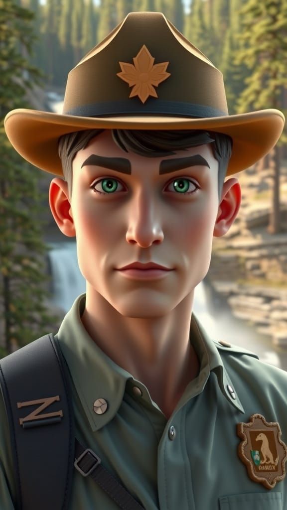 Rugged Park Ranger Contemplates Serene Waterfall Scene