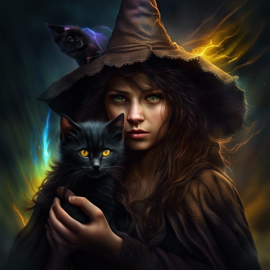 Fierce Witch and Her Guardian Kitten: Fantasy Art