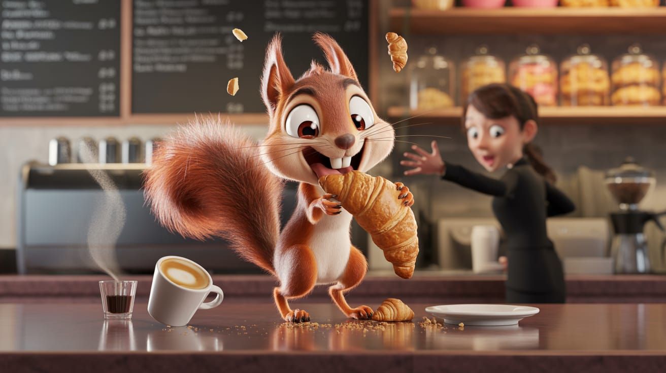 Cartoon Squirrel's Croissant Heist in Cozy Cafe