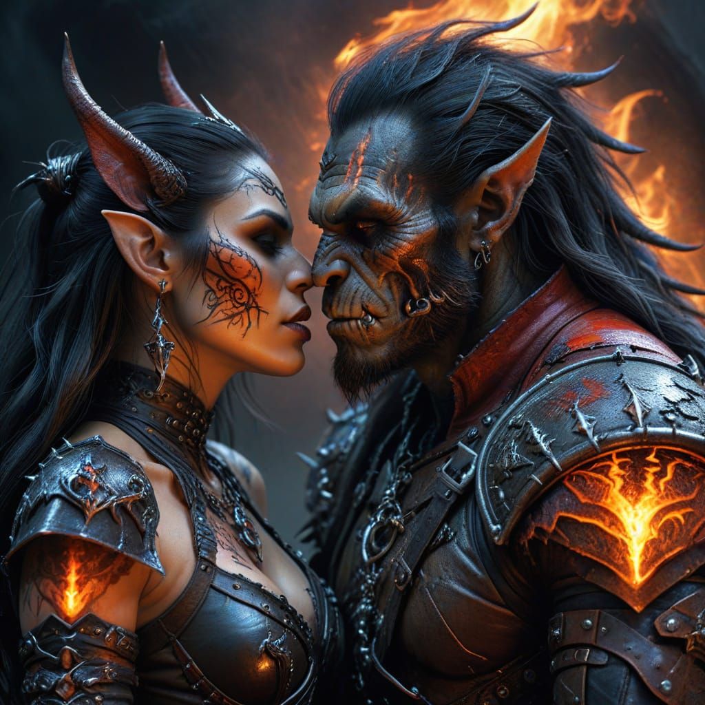 Mystical Orc and Wererat Kiss in Dark Fantasy Style