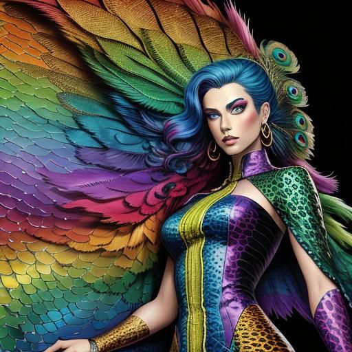 Woman with Dragon Scales and Peacock Hair