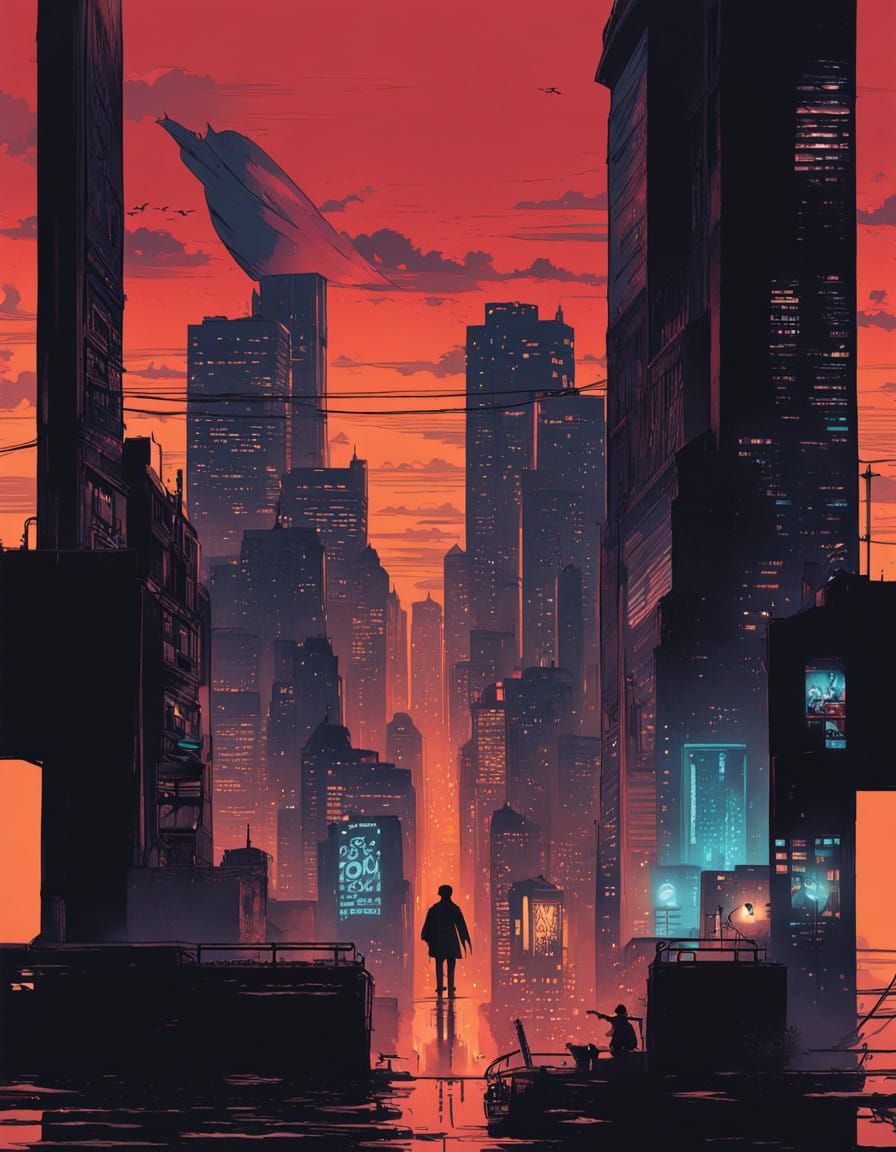 Ethereal Raven Silhouette Against Neon Cityscape