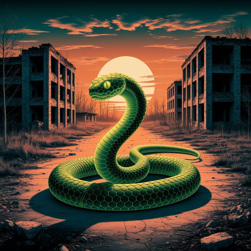 Radiant Chernobyl Boa Constrictor Amidst Post-Apocalyptic Ru...
