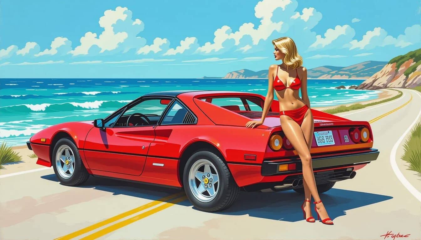 1985 Ferrari 308 GTS & Pinup Model on Coastal Road
