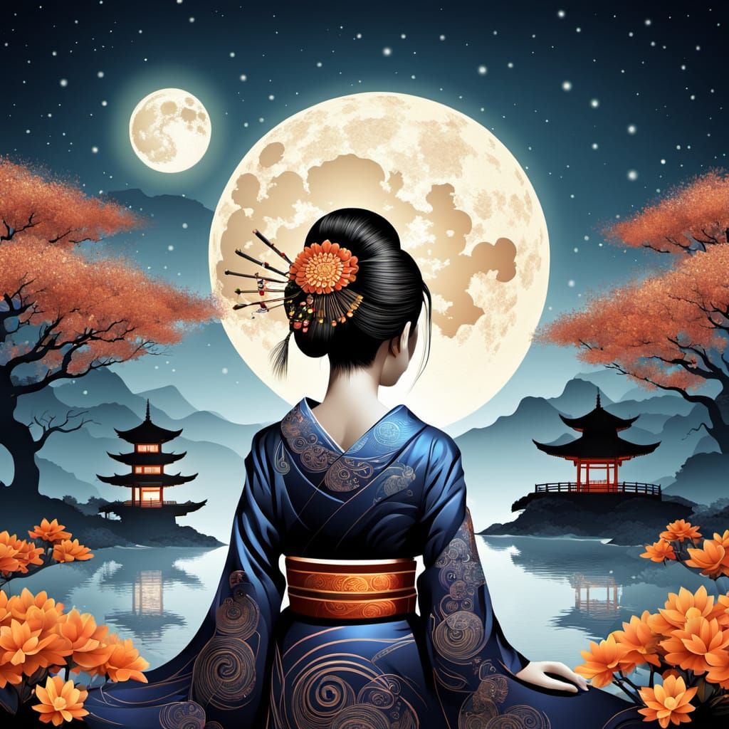 Elegant Geisha in Zen Garden with Full Moon