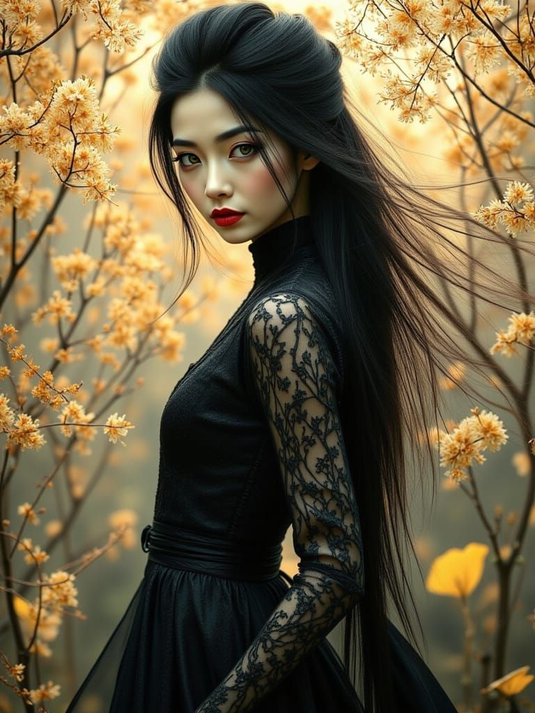 Enchanting Pin-Up Woman in Luminous Amber Paint Style