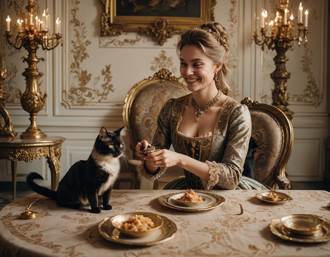 Opulent 18th Century Woman Feeds Kitten in Palace