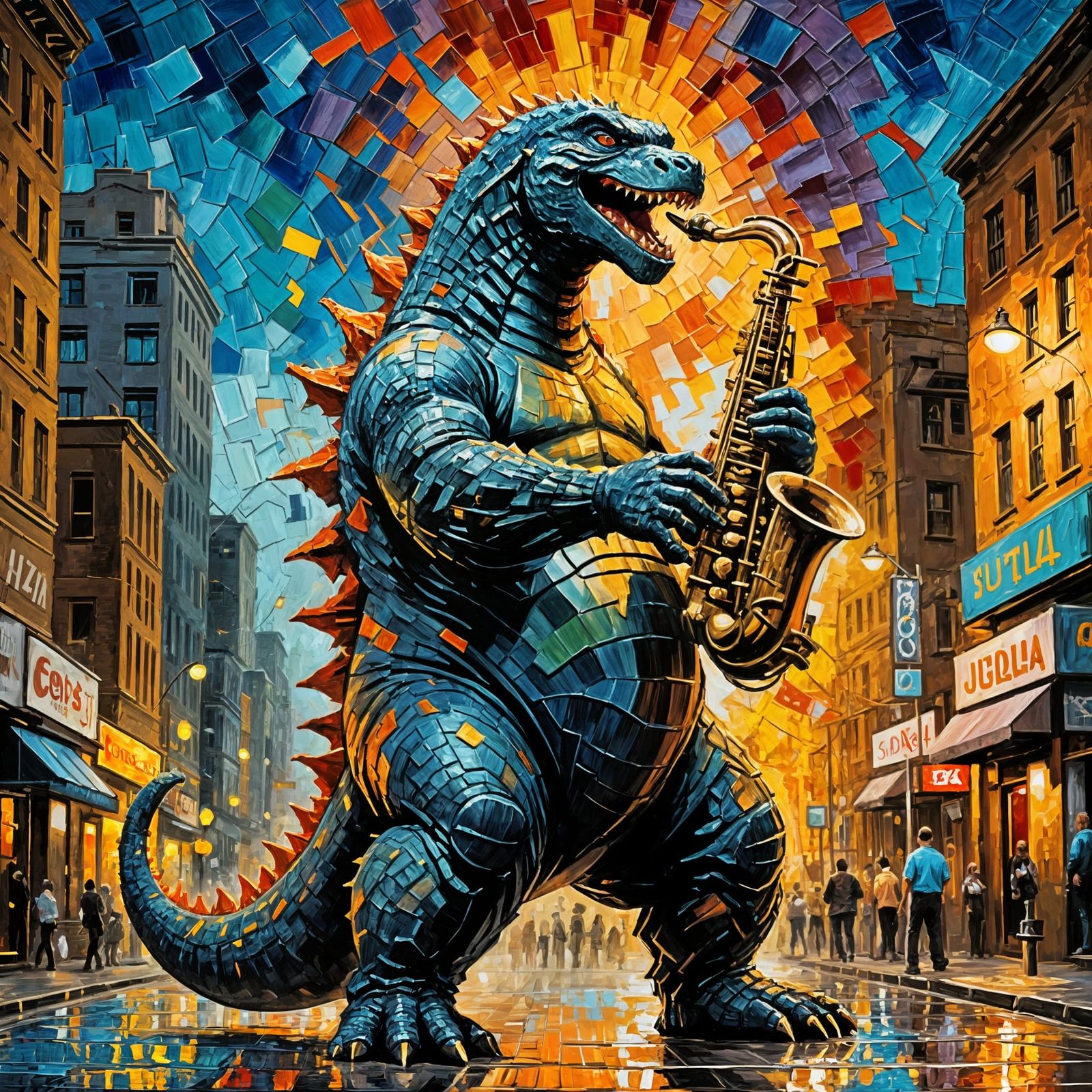 Godzilla's Jazz Solo in Vibrant Oil Painting