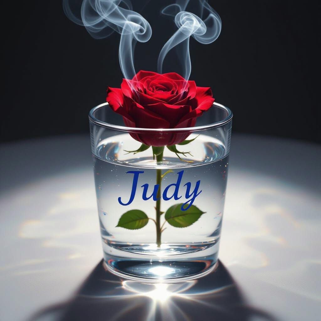 Red Rose in Water Glass with Blue "judy" and Smoke