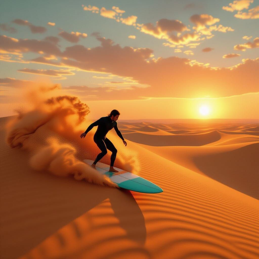 Surfer Carves Sand Dune at Sunset in Photorealistic Style