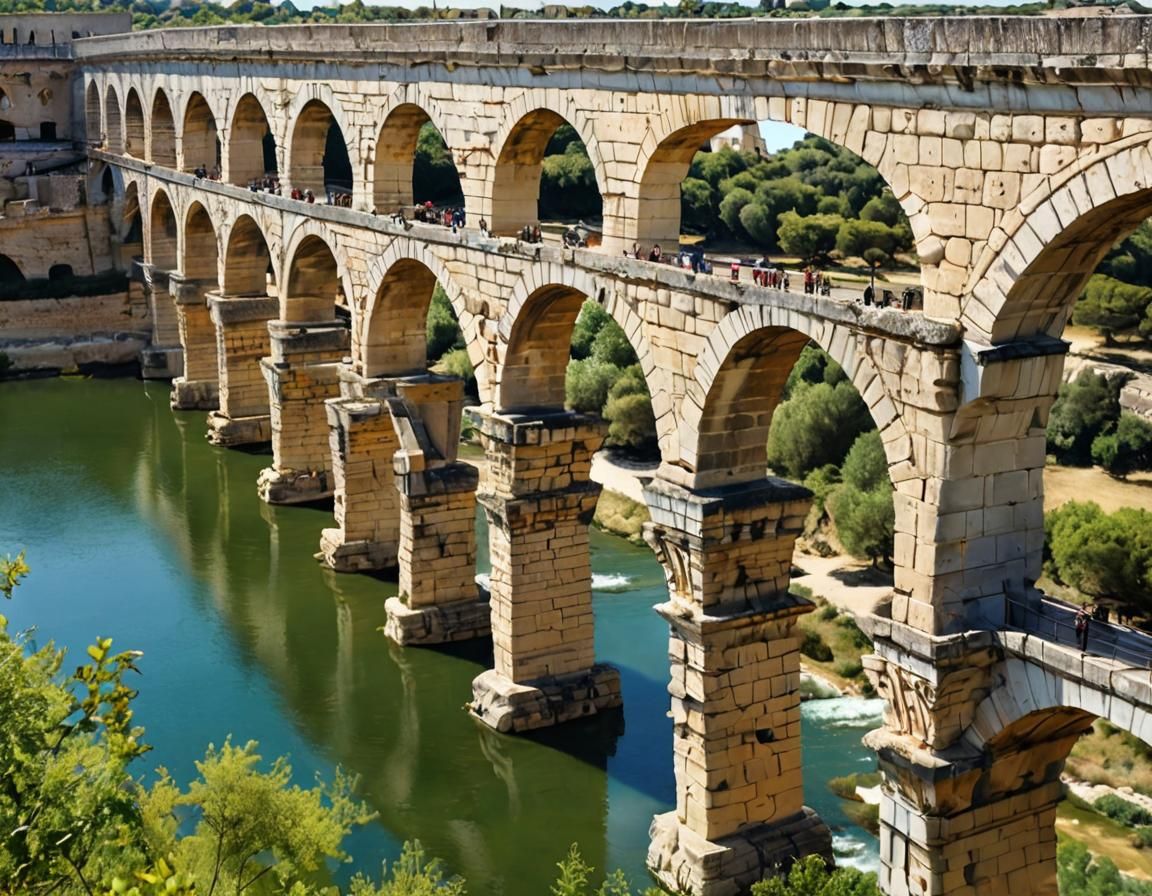 Pont du Gard Roman Aqueduct on Sunny Day