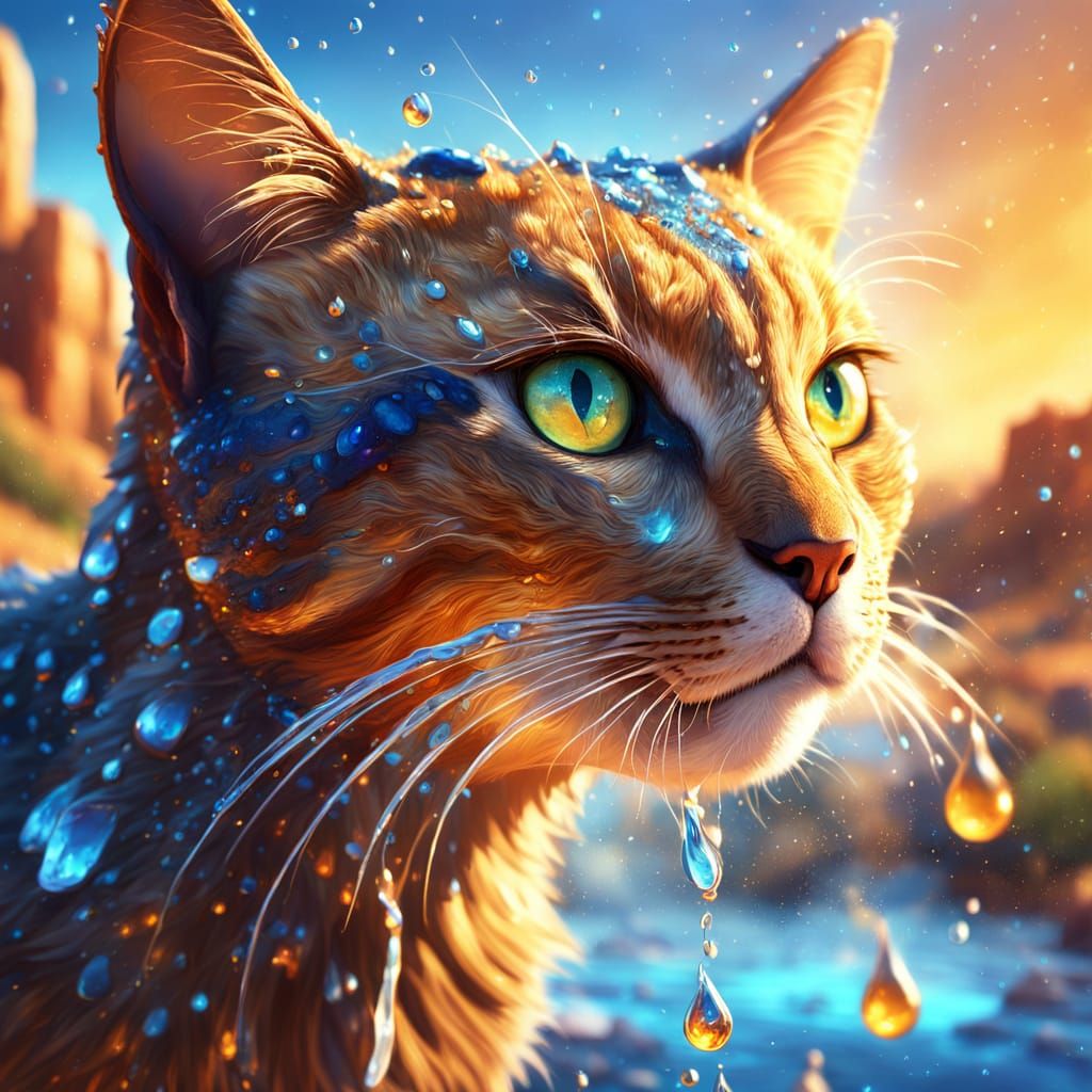 Fantasy Cat with Water Droplet in Desert Landscape