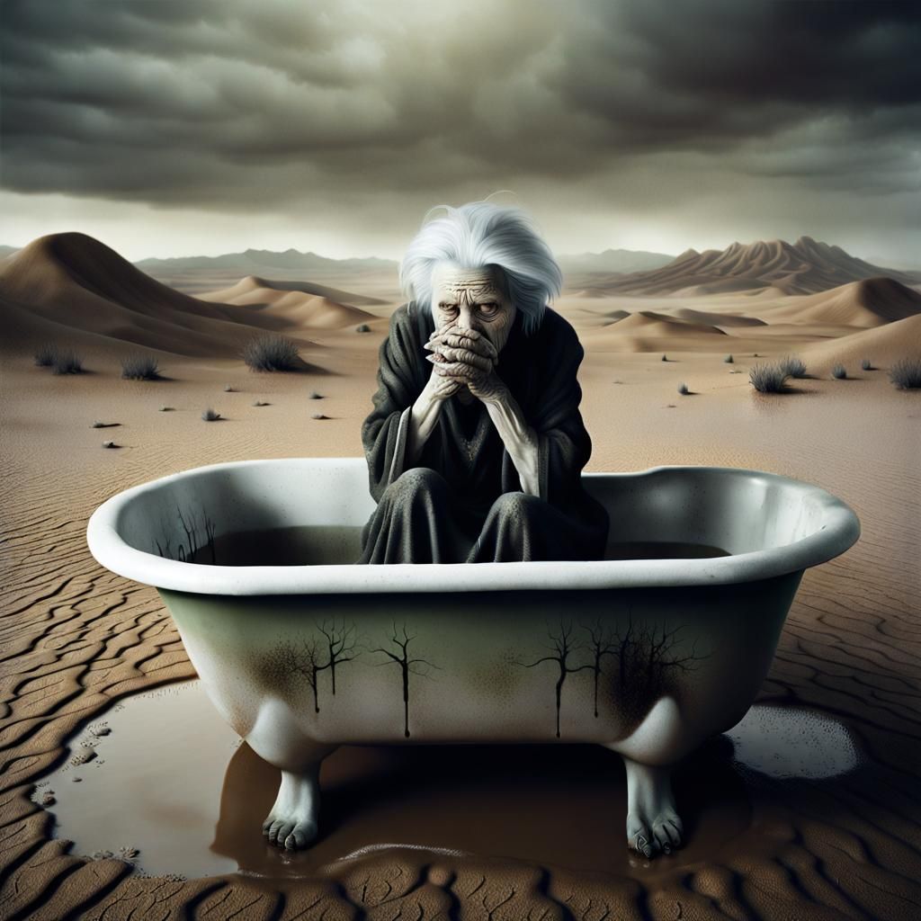 Lonely Woman Cries in Desert Bathtub Photo